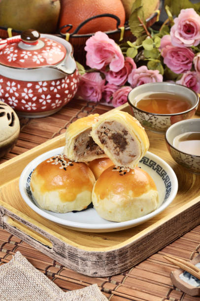 istock Purple taro paste with minced pork sauce moon cake 951378058