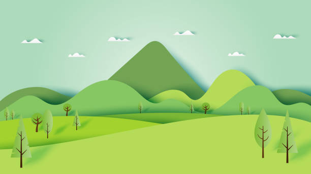 ilustrações de stock, clip art, desenhos animados e ícones de green nature forest landscape scenery banner background paper art style. - paisagem