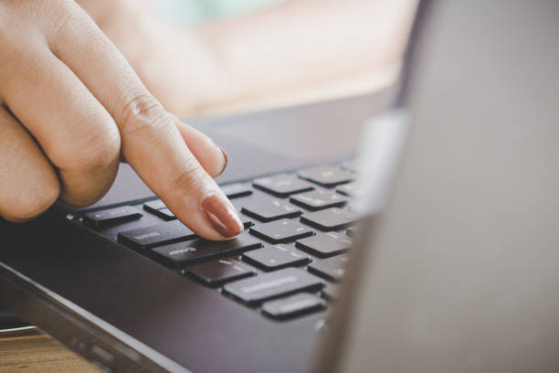 Foto de Mulher Mão Digitando No Teclado Do Computador Portátil Trabalho De Escritório Em Casa À Procura De Emprego e mais fotos de stock de Adulto - iStock