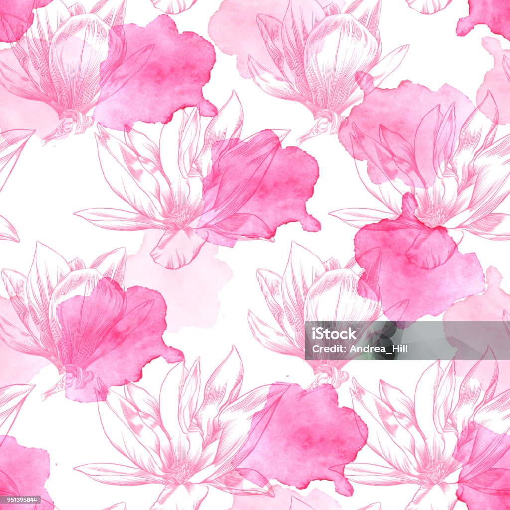 Seamless Magnolia Flower Pattern with Watercolor and Pen and Ink Elements Flower stock vector