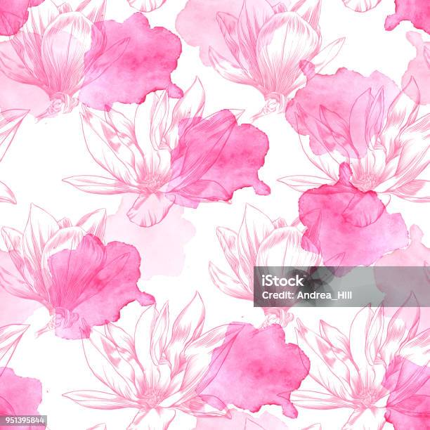 Seamless Magnolia Flower Pattern With Watercolor And Pen And Ink Elements Stock Illustration - Download Image Now