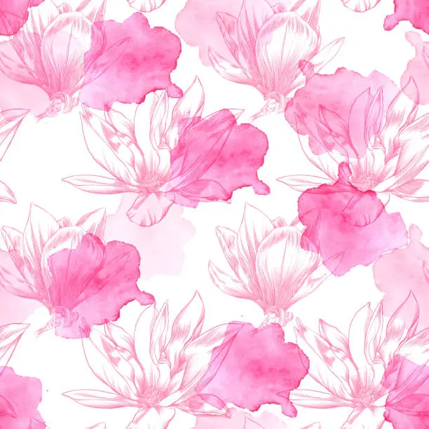 Vector illustration of Seamless Magnolia Flower Pattern with Watercolor and Pen and Ink Elements
