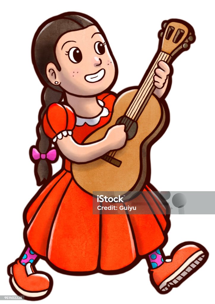 Happy young woman playing acoustic guitar and walking Hand drawn illustration of a happy woman playing acoustic guitar and walking. Character isolated in white background. One Woman Only stock illustration