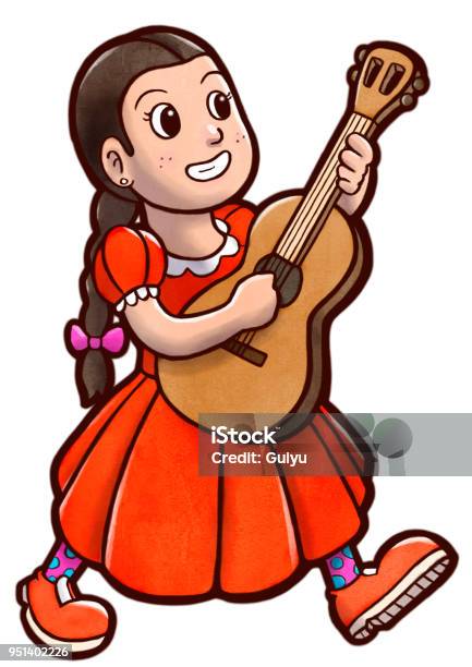Happy Young Woman Playing Acoustic Guitar And Walking Stock Illustration - Download Image Now