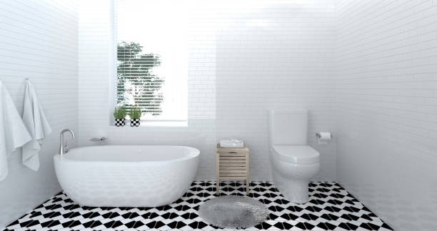 istock interior bathroom ,toilet,shower,modern home design 3D Illustration for copy space background white tile bathroom 951408706