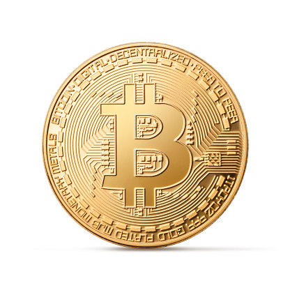 Verona, Italy, 24 April 2018. Golden bitcoin (virtual coins) isolated on white background. Bitcoin is a cryptographic currency and a peer-to-peer payment system invented by Satoshi Nakamoto.