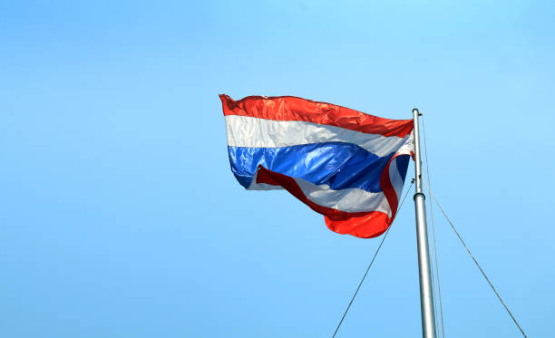istock Thai flag waving Thailand with blue sky background. 951413560