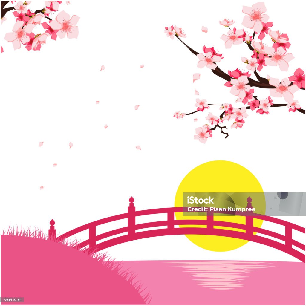 Japan Sakura Bridge Sunset Pink Background Vector Hình Ảnh Hình ...