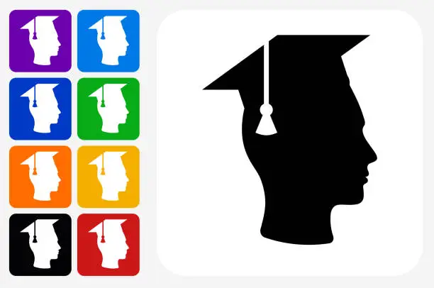 Vector illustration of Graduation Face and Hat Icon Square Button Set