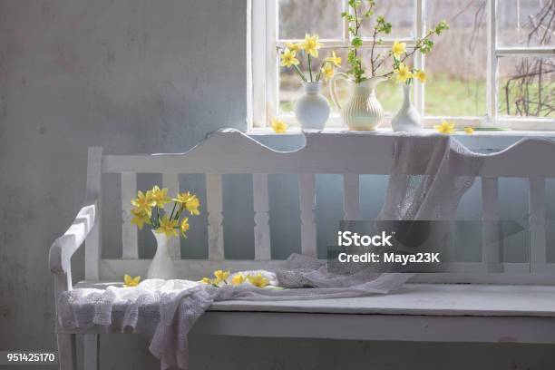 Spring Yellow Flowers In White Vintage Interior Stock Photo - Download Image Now - April, Arrangement, Beauty