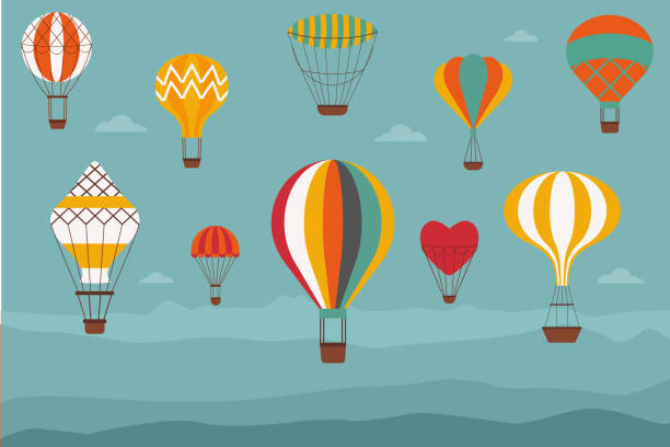 Landscape with Vintage Hot Air Balloons Landscape with hot air balloons. Vintage banner with retro aerostats of different shapes flying over the hills or mountains. Air craft adventure, romantic flight trip, touristic ballooning journey. cappadocia balloon stock illustrations