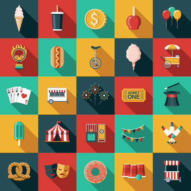 Carnival Flat Design Icon Set with Side Shadow A set of flat design styled carnival or circus icons with a long side shadow. Color swatches are global so it’s easy to edit and change the colors. theater industry illustrations stock illustrations