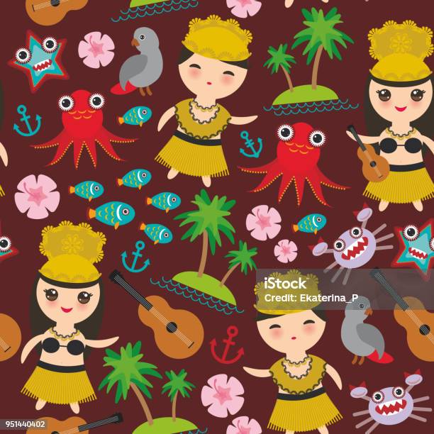 Hawaiian Hula Dancer Kawaii Boy Girl Seamless Pattern Set Of Hawaii Symbols With A Guitar Ukulele Flowers Parrot Fish Crab Octopus Anchor Flower Sea Ocean Palm Trees On Brown Background Vector Stock Illustration - Download Image Now