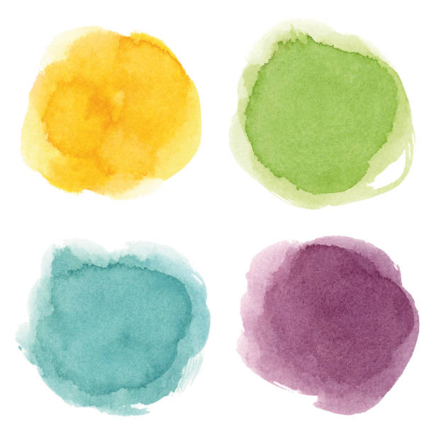 Round watercolor spots Set of yellow, green, turquoise, wein red vectorized round watercolor splashes. watercolor paints stock illustrations