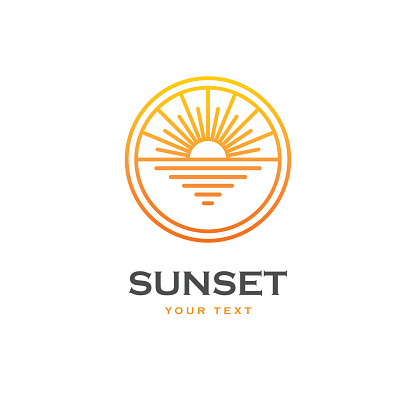 Linear symbol with sunset or sunrise on the sea in a shape of circle. Summer sun, beach or travel agency emblem.
