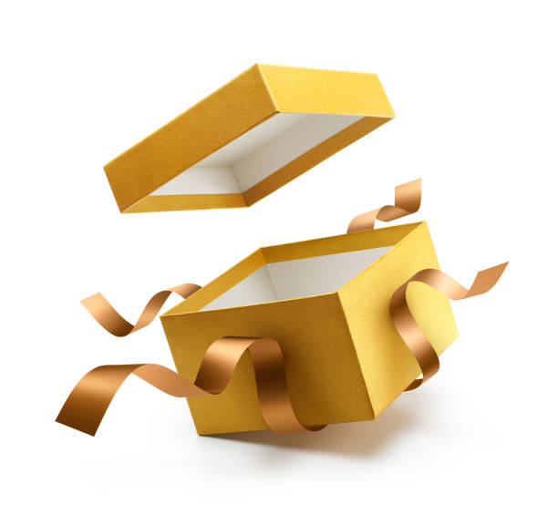 Gold open gift box with ribbon isolated on white background