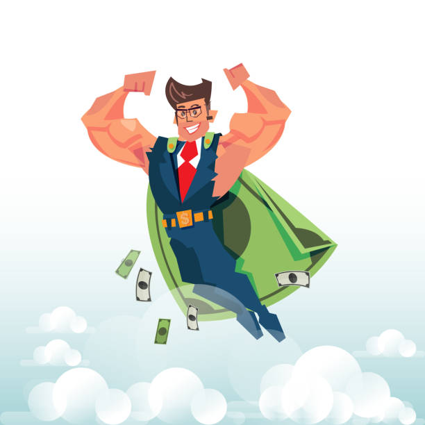 ilustrações, clipart, desenhos animados e ícones de inteligente e forte empresário voando no céu com notas como cobertor com o conceito de herói de dinheiro - vector - superhero currency heroes savings