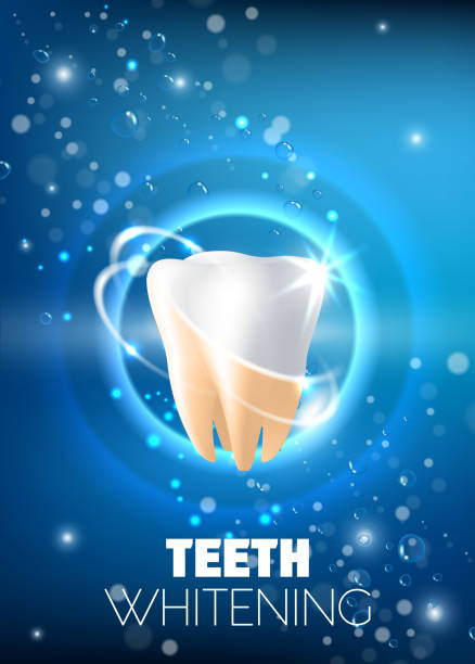 illustrazioni stock, clip art, cartoni animati e icone di tendenza di illustrazione realistica del vettore pubblicitario sbiancamento dei denti - sbiancamento dentale