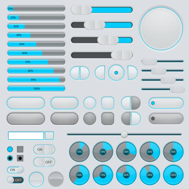 ilustrações de stock, clip art, desenhos animados e ícones de set of gray and blue web icons and buttons - shape rectangle chrome interface icons