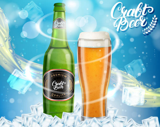Vector craft bottled beer advertisement design template Vector realistic dark craft beer alcoholic drink brand glass bottle and glass of beer on blue sparkling background. Craft bottled beer advertisement design template. beer brands stock illustrations