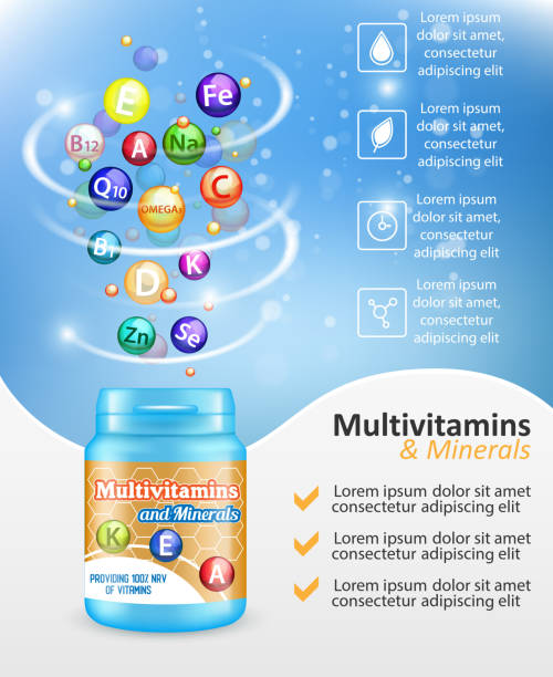 ilustrações de stock, clip art, desenhos animados e ícones de multivitamin complex ad vector design template - vitamin pill vitamin e isolated text