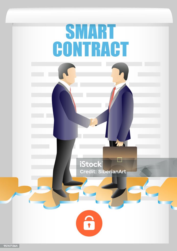 Blockchain smart contract vector illustration Smart contract lettering, two businessmen shaking hands. Vector illustration. Blockchain safety automated speed smart contracts concept design element. Accuracy stock vector