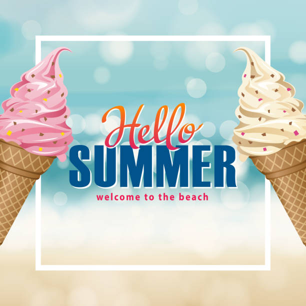 Hello Summer Ice-cream Enjoy a fresh taste of summer with delicious ice-cream at the beach party blue ice cream cone stock illustrations