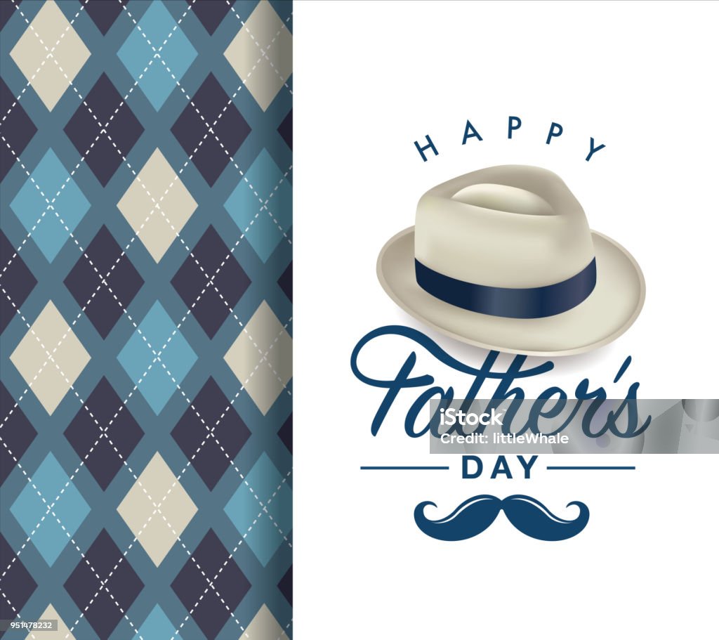 Happy Father's Day Fathers day greeting card with typography design, hat, moustache and repeating pattern background Father's Day stock vector