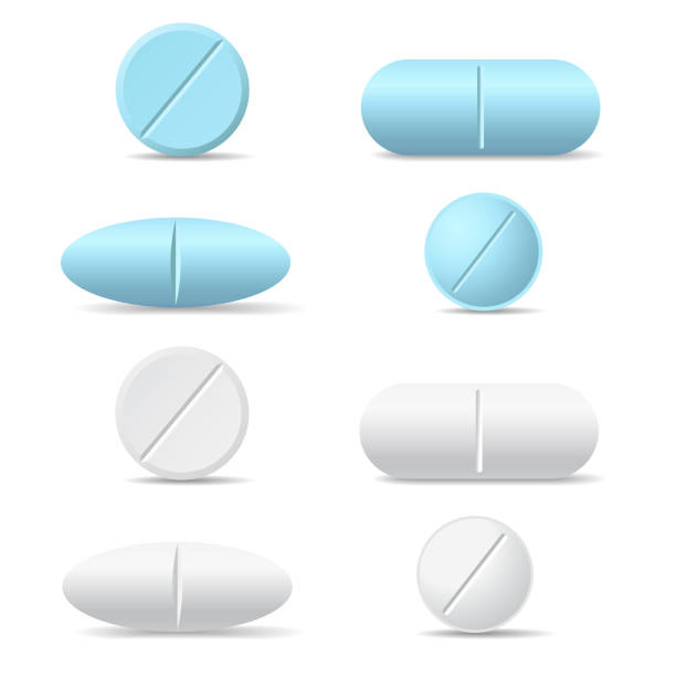 Set of white and blue round and oval medicine pills of various kinds, isolated vector on white background with shadow Set of white and blue round and oval medicine pills of various kinds, isolated vector on white background with shadow pills stock illustrations