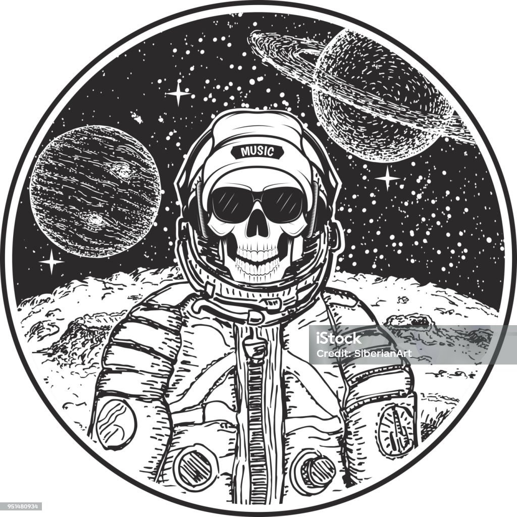 Astronaut music skull vector modern t-shirt design template Astronaut music skull vector hand drawn illustration. Human skull in hat, sunglasses and spacesuit listening to music. Modern t-shirt design template. Computer Graphic stock vector