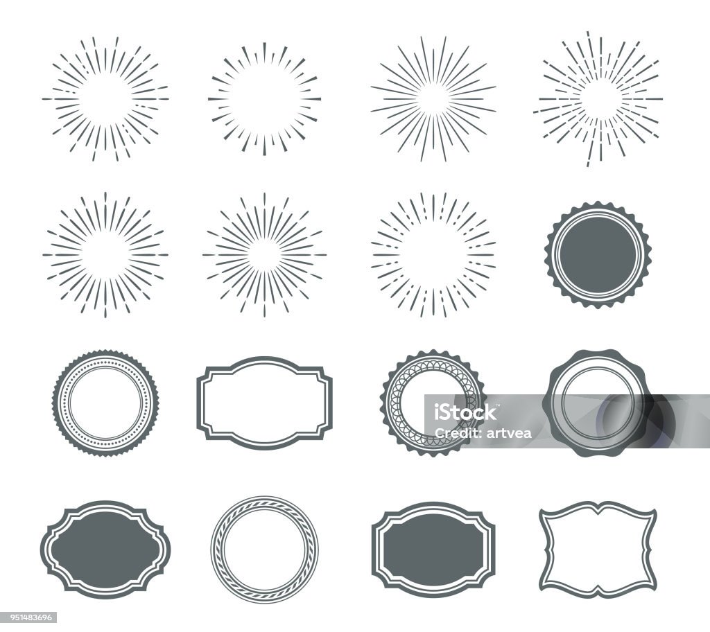 Set of sunburst design elements and badges Vector illustration of the sunburst design and badges. Border - Frame stock vector