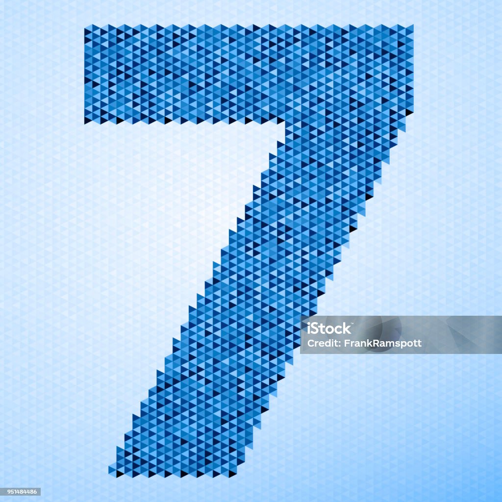 Number 7 Triangle Pattern Blue Abstract triangle pattern vector of a Number 7. Carefully built with little triangles on a white background. The color is created with a blue colored layer over the greyscale triangle pattern. The colors in the .eps-file are in RGB. Transparencies used. Included files are EPS (v10) and Hi-Res JPG (3472 x 3472 px). Abstract stock vector