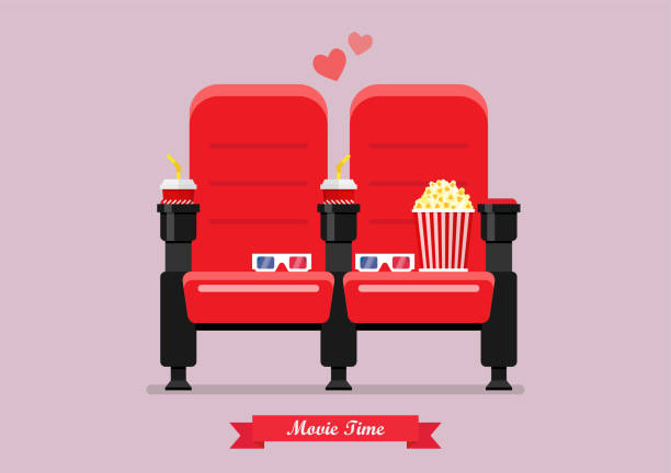 팝콘 음료와 안경 두 영화관 좌석 - movie time stock illustrations