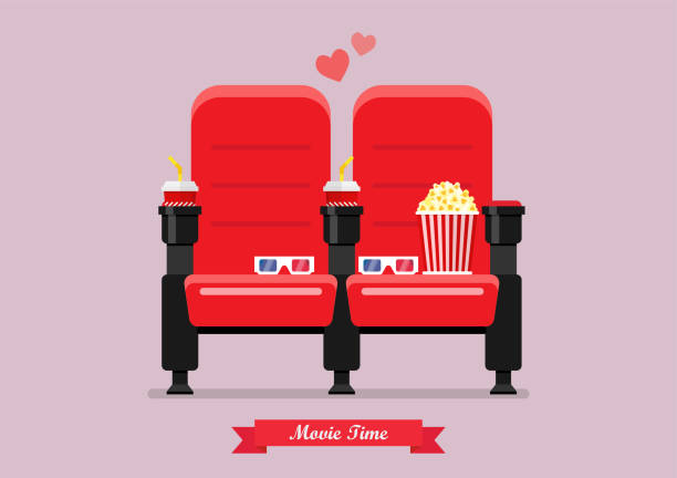 Two cinema seats with popcorn drinks and glasses vector art illustration