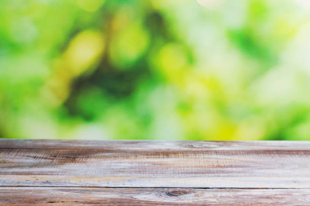 istock Wooden table with blurred garden background 951486018