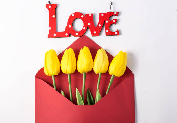Mother's Day envelope, bouquet of yellow tulips Mother's Day envelope, bouquet of yellow tulips mothers day horizontal close up flower head stock pictures, royalty-free photos & images