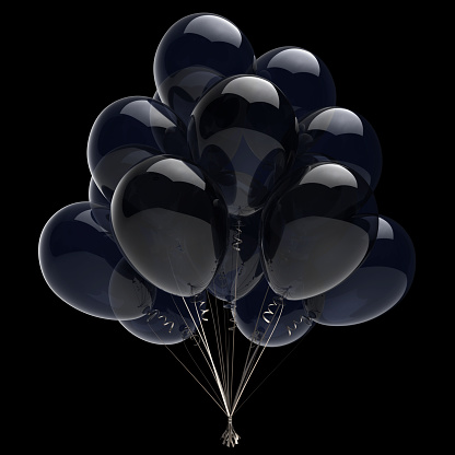 Black balloons birthday party decoration festive balloon bunch dark translucent. Happy holiday anniversary celebrate greeting card. 3d illustration isolated on black background