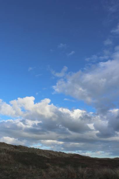 istock Fluffy white clouds in blue sky beside beach 951491328