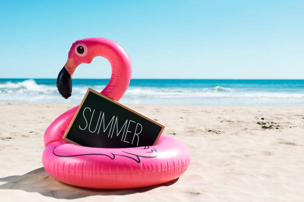 flamingo swim ring on the beach and text summer a signboard with the word summer written in it and a swim ring in the shape of a pink flamingo, on the sand of a beach, with the ocean in the background inflatable ring photos stock pictures, royalty-free photos & images