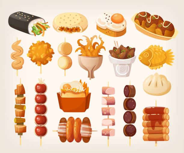 ilustrações de stock, clip art, desenhos animados e ícones de set of fresh delicious fast foods from asian streets. variety of snacks. - fish cakes illustrations