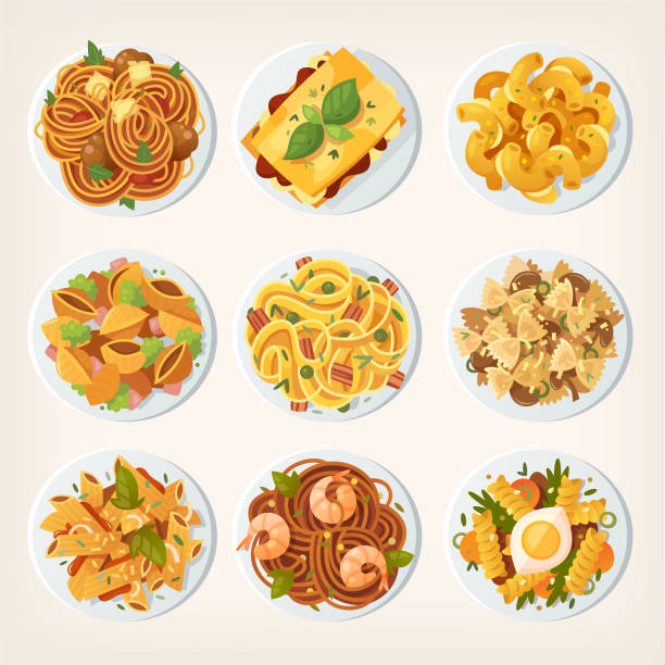 Set of many different kinds of pasta dishes from top. Set of many different kinds of pasta dishes from top. Vector illustrations view from above. spaghetti stock illustrations