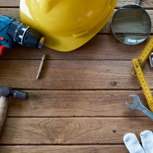 istock Tools and helmet on the wooden floor 951503984