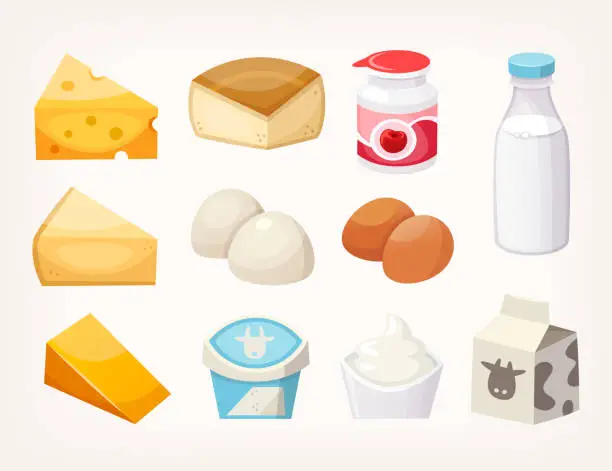 Vector illustration of Set of most common dairy food products. Some kinds of cheese, milk packages and yogurts.