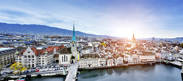 Aerial view of Zurich cityscape at sunset, Switzerland.