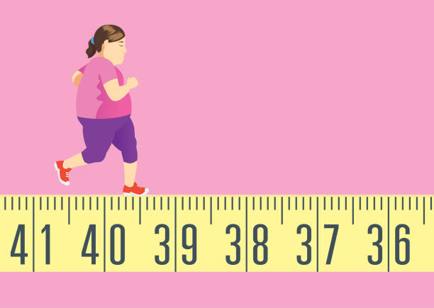 fette frau auf maßband für laufen in form und gewicht verlieren. - tape measure slim women dieting stock-grafiken, -clipart, -cartoons und -symbole