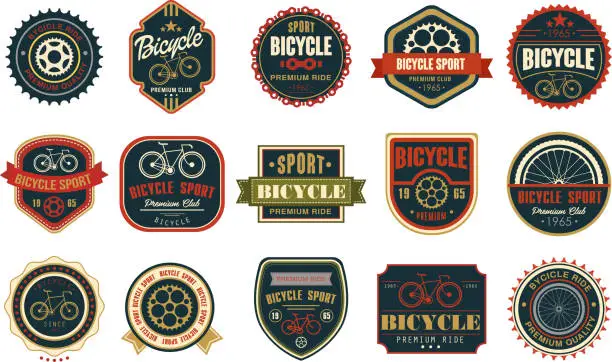 Vector illustration of Set of vintage bicycle logos. Extreme cycling sport. Stylish typographic design for biking club, bike shop or repair service. Original vector emblems