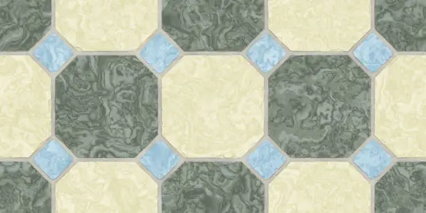 Beige Bogie Green Blue Seamless Classic Floor Tile Texture. Simple Kitchen, Toilet or Bathroom Mosaic Tiles Background. 3D rendering. 3D illustration.