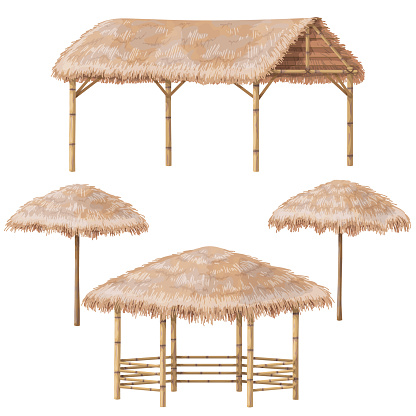 Set of tropical beach shelter buildings with palm thatch roof. Bamboo gazebo, canopy and parasol  isolated on white. Vector flat design element.