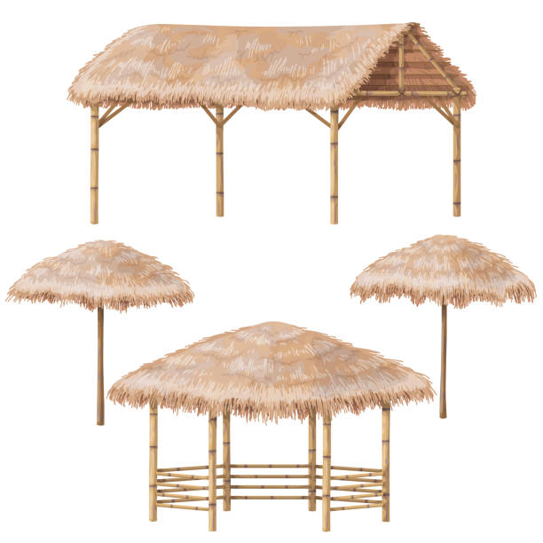 Tropic Gazebo and Parasol  Set Set of tropical beach shelter buildings with palm thatch roof. Bamboo gazebo, canopy and parasol  isolated on white. Vector flat design element. thatched roof stock illustrations