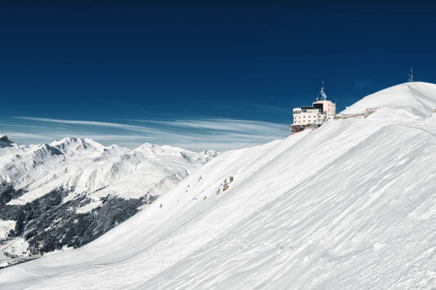 Breathtaking beautiful panoramic view on Snow Alps - snow-capped winter mountain peaks around French Alps mountains, The Three Valleys: Courchevel, Val Thorens, Meribel (Les Trois Vallees), France.